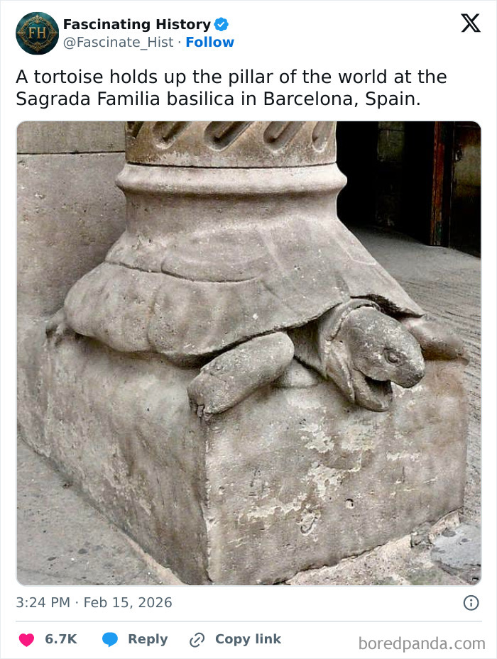 Stone tortoise sculpture supporting a pillar at Sagrada Familia basilica, an interesting historical treasure showing advanced past.