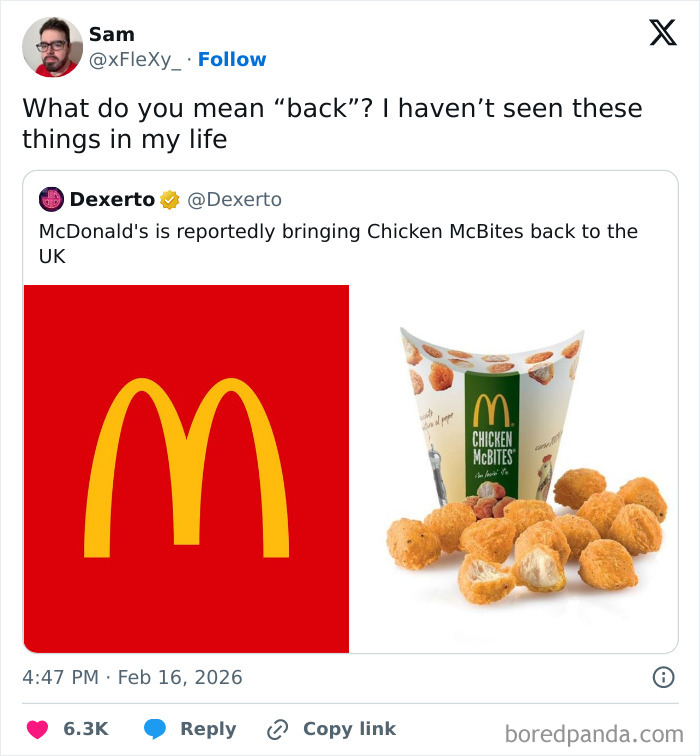 Tweet reacting humorously to McDonald's bringing Chicken McBites back to the UK, showcasing unique UK living tweets.