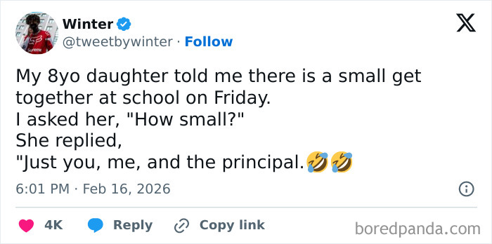 Tweet showing a funny parent-kid conversation where a daughter invites only her, her dad, and the principal.