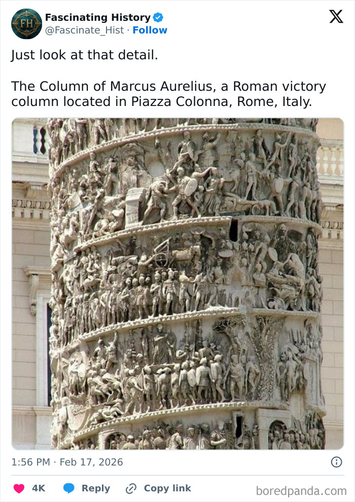 Detailed carvings on the Column of Marcus Aurelius, a historical treasure showing advanced ancient Roman craftsmanship.