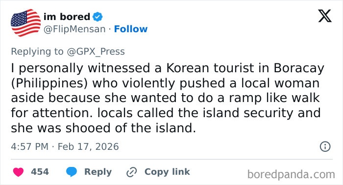 Tweet about a Korean tourist in Boracay exhibiting rude and entitled behavior, causing locals to call security and remove her.