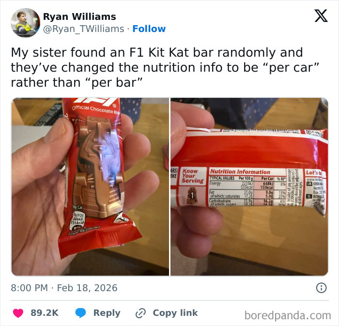 Tweet showing a unique UK experience with an F1 Kit Kat displaying nutrition info per car instead of per bar.