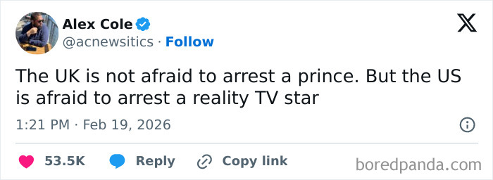 Tweet by Alex Cole discussing politics, highlighting contrasts in arrests between UK and US in social media post.