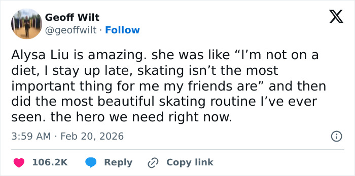 Tweet praising Olympic hero Alysa Liu for her inspiring figure skating routine and honest views on rules and retirement.