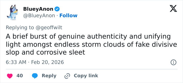 Tweet from BlueyAnon discussing authenticity amid divisive slop and corrosive sleet, posted in 2026.