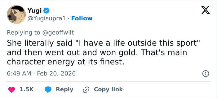 Screenshot of a tweet praising Olympic hero Alysa Liu for her mindset and success in figure skating competitions.