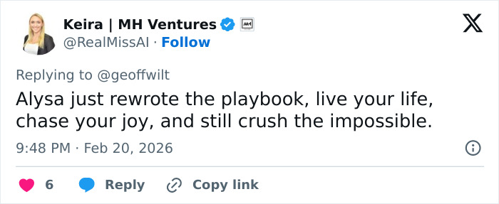 Tweet from Keira MH Ventures praising Olympic hero Alysa Liu for rewriting the playbook and inspiring joy in figure skating.