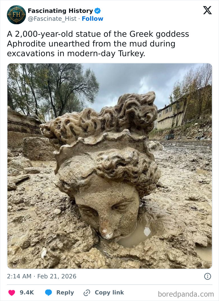 Ancient Greek statue of Aphrodite unearthed in mud shows historical treasures revealing advanced past discoveries.