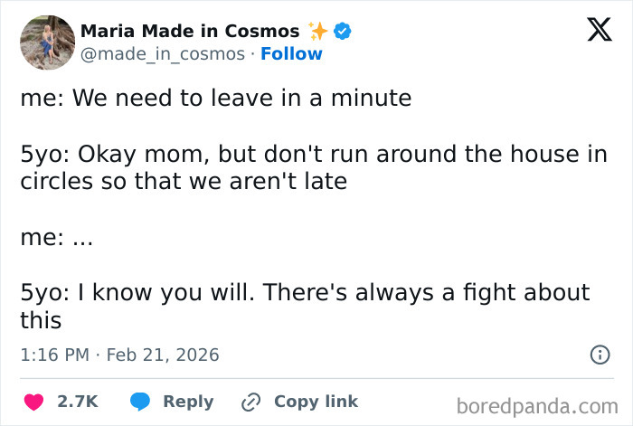Parent-kid funny conversation text showing humor in their DNA about leaving on time and running in circles.
