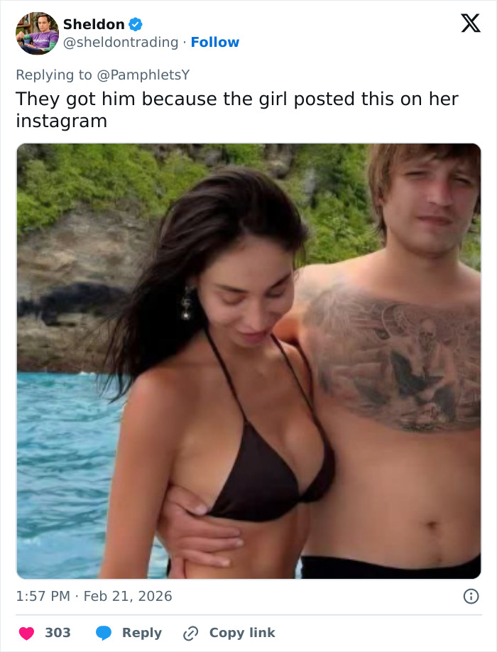 Young woman in a black bikini with man showing tattoos near water, linked to disturbing police update in Bali incident.