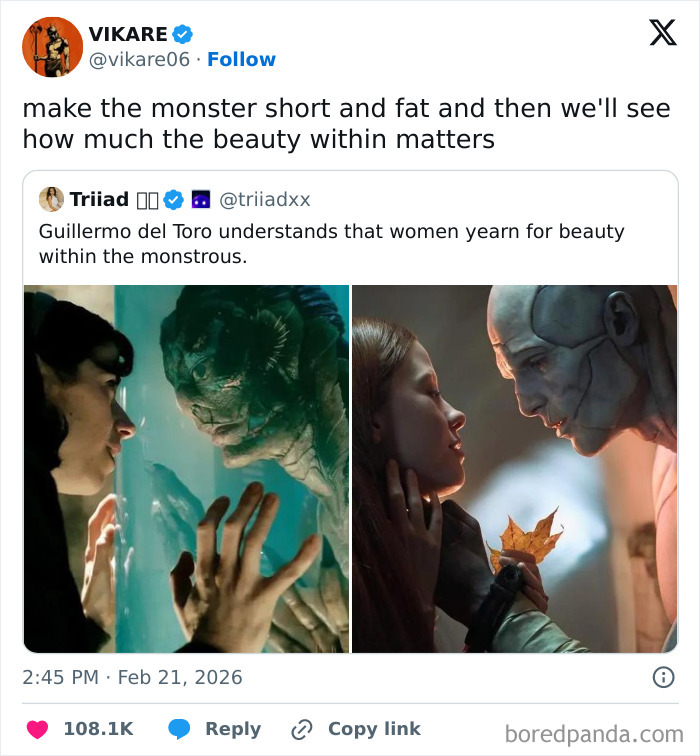 Two side-by-side movie scenes showing romance between humans and monsters in popular film industry memes.