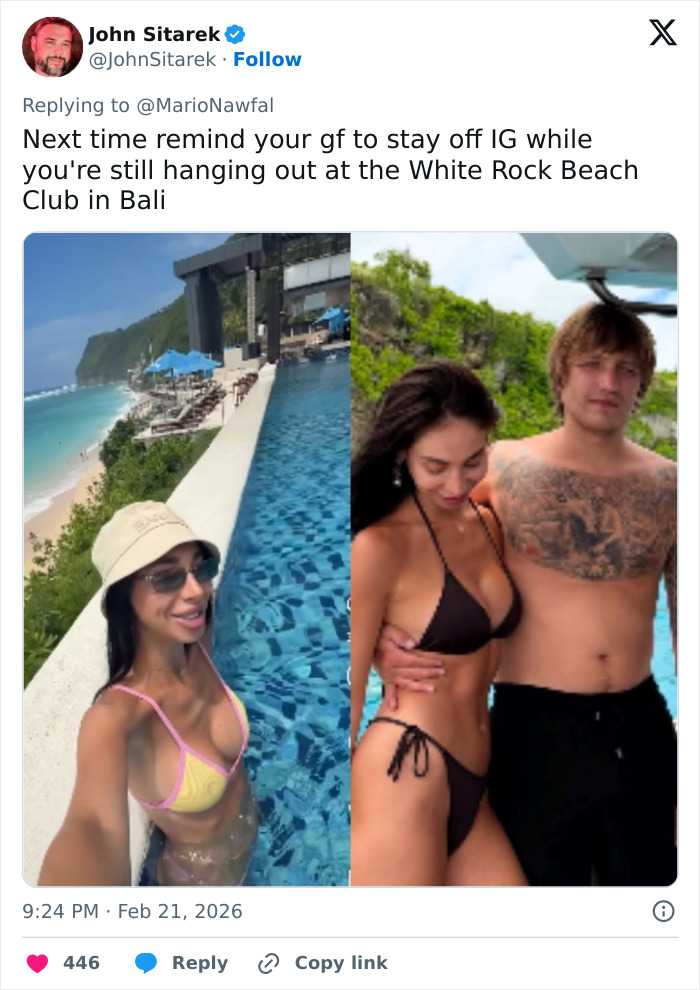 Woman in bikini by a Bali infinity pool and couple posing near tropical greenery at White Rock Beach Club in Bali.