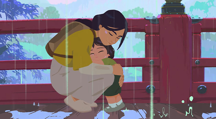 Mother and child hugging on a rainy wooden bridge, an emotional scene reflecting 2026 Oscar predictions community trends.