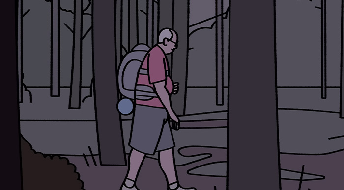 Illustration of a man hiking through a dark forest, representing community trends in 2026 Oscar predictions.