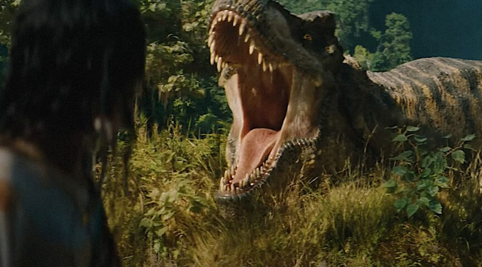 A large dinosaur with its mouth wide open in a forest, illustrating trends in Oscar predictions.