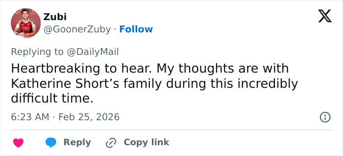 Tweet expressing condolences for Katherine Short and mentioning the cause behind Katherine Short’s passing disclosed. Tweet expressing condolences for Katherine Short and mentioning the cause behind Katherine Short’s passing disclosed.