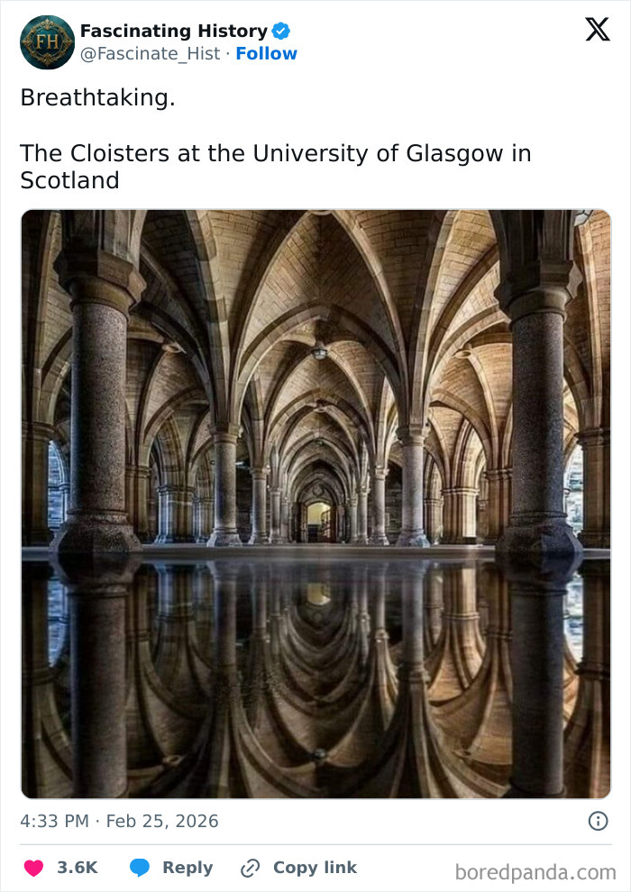 Gothic cloisters with vaulted arches and stone columns reflecting on a polished floor, showcasing historical treasures and advanced past architecture.
