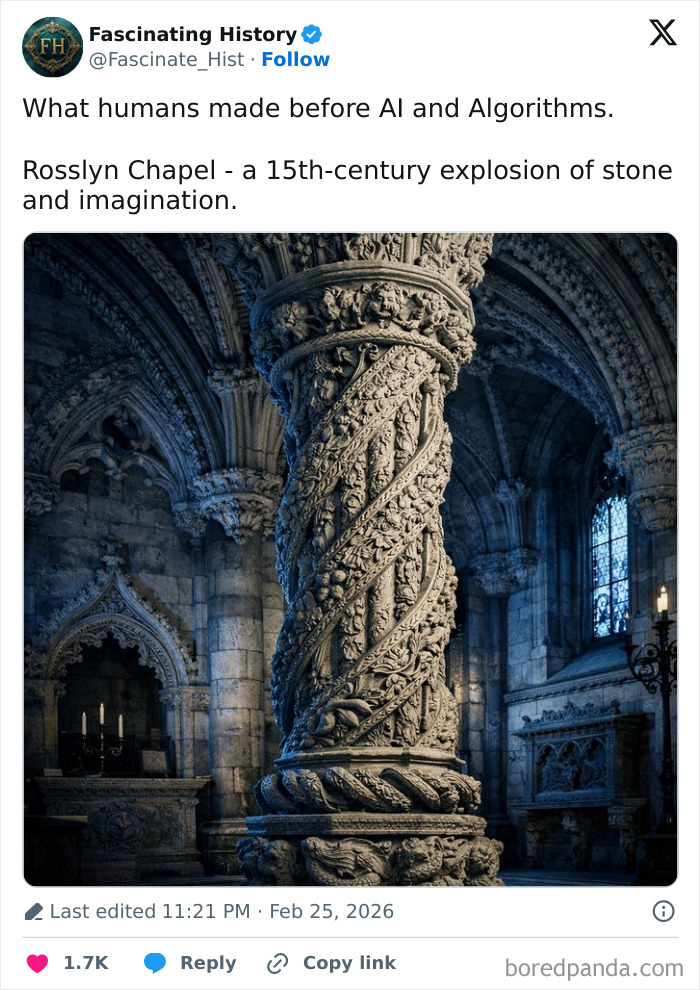 Intricately carved stone pillar inside Rosslyn Chapel showcasing historical treasures of advanced past craftsmanship.