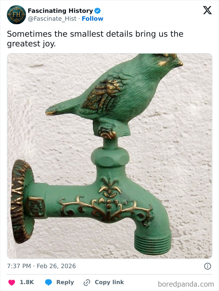 Decorative historical faucet with detailed bird design showcasing interesting historical treasures from the past.