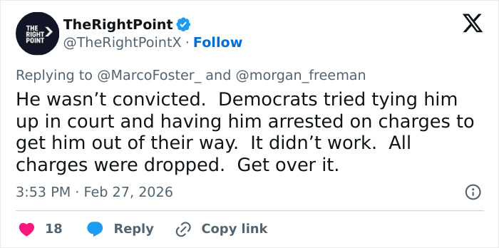 Tweet from TheRightPoint discussing charges and convictions related to Trump, highlighting felonies in political debates.