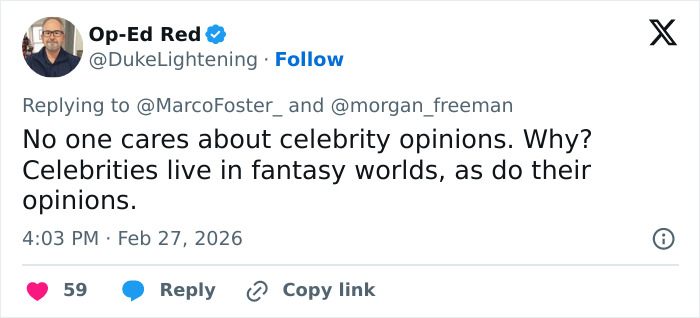 Tweet criticizing Morgan Freeman&rsquo;s comments about Trump, highlighting the actor&rsquo;s impact on Trump&rsquo;s felonies discussion.