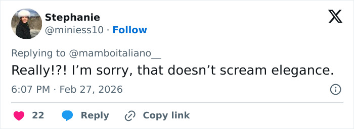 Tweet from Stephanie reacting to Kate Moss' revealing dress for Gucci show, expressing disapproval and questioning its elegance.