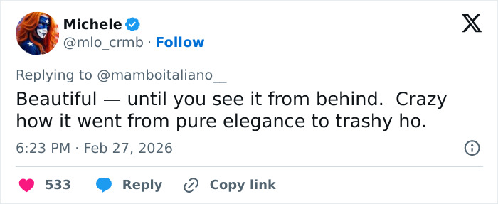 Tweet criticizing Kate Moss' revealing dress for Gucci show, highlighting contrasting opinions from fans online.