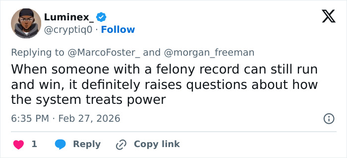 Tweet discussing felonies and power, related to Morgan Freeman's scathing comments about Trump&rsquo;s felonies in the spotlight.