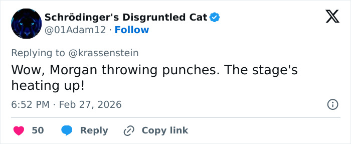 Tweet from Schr&ouml;dinger's Disgruntled Cat commenting on Morgan Freeman&rsquo;s scathing remarks about Trump&rsquo;s felonies.