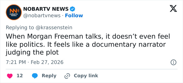 Tweet from NOBARTV NEWS about Morgan Freeman&rsquo;s comments on politics, highlighting his scathing remarks about Trump&rsquo;s felonies.