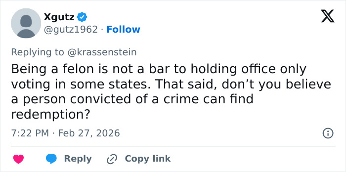 Tweet discussing felonies and redemption, highlighting Morgan Freeman&rsquo;s scathing comments about Trump&rsquo;s felonies.