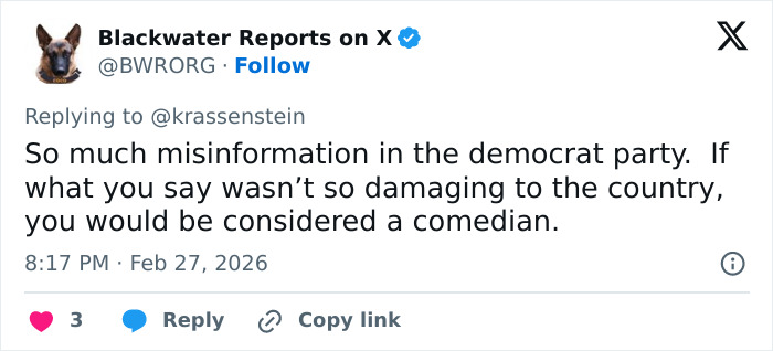 Tweet from Blackwater Reports on X addressing misinformation and political criticism related to Trump&rsquo;s felonies in a social media reply.