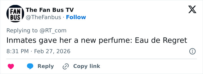 Tweet from The Fan Bus TV about Ghislaine Maxwell&rsquo;s prison feuds mentioning perfume and inmate interactions.