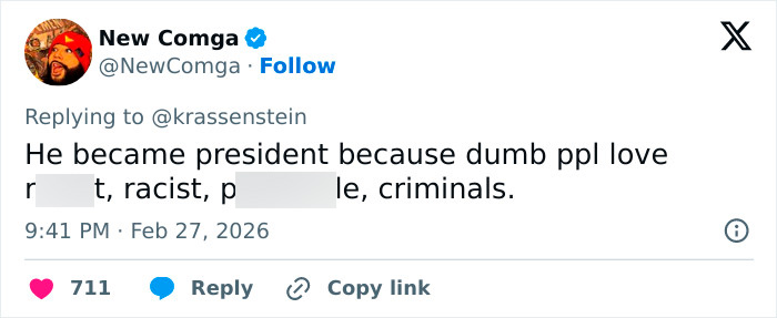 Tweet criticizing Trump, highlighting public opinion and bringing Morgan Freeman's comments and Trump's felonies into focus.