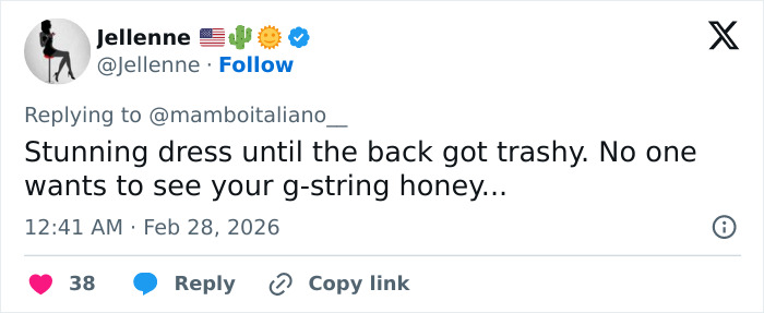 Screenshot of tweet criticizing Kate Moss' revealing dress at Gucci show, highlighting divided fan opinions on outfit choice.