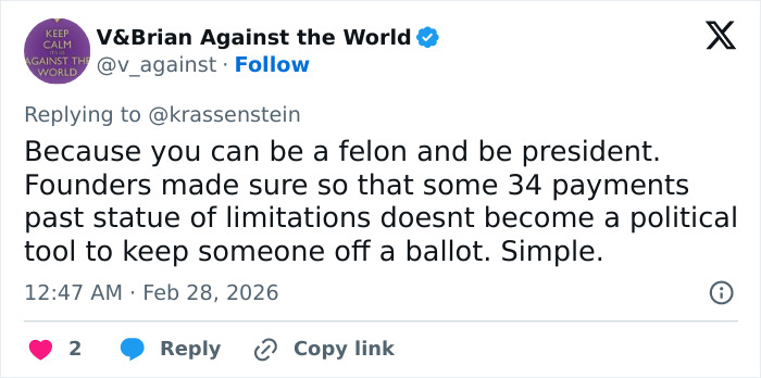 Tweet discussing felonies and political eligibility, highlighting Morgan Freeman's scathing comments about Trump&rsquo;s felonies.