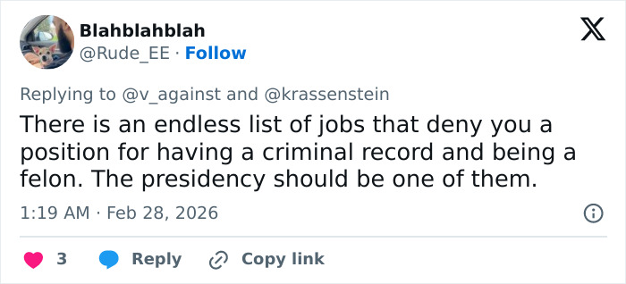Twitter user sharing opinions on felonies and criminal records in relation to the presidency amid Morgan Freeman's Trump comments.