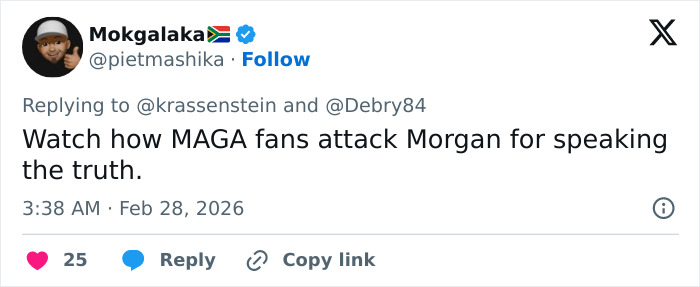 Tweet by user Mokgalaka criticizing MAGA fans attacking Morgan Freeman amid discussions on Trump felonies and comments.