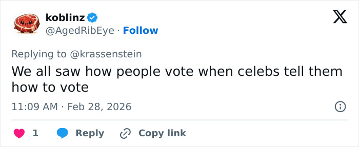 Tweet discussing the impact of celebrity comments on voting, referencing Morgan Freeman's remarks about Trump's felonies.