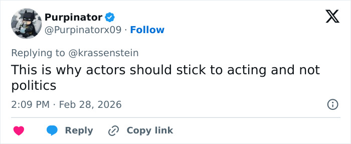 Tweet criticizing actors and politics in context of Morgan Freeman's comments on Trump felonies sparking renewed public debate.