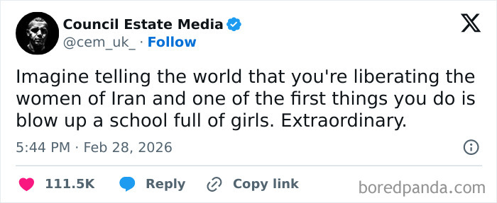 Social media post criticizing political actions in Iran, highlighting a controversial bombing of a school full of girls.