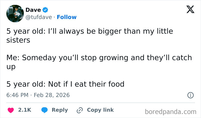 Funny parent-kid conversation about a child’s belief in staying bigger than siblings, showcasing humor in DNA.