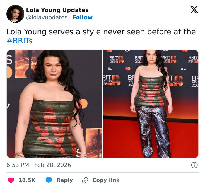 Lola Young wearing an oil container-inspired outfit with metallic pants on the Brit Awards 2026 red carpet. Lola Young wearing an oil container-inspired outfit with metallic pants on the Brit Awards 2026 red carpet.