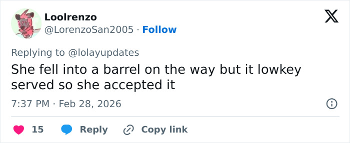 Tweet humorously reacting to Lola Young's oil container-inspired outfit at the Brit Awards 2026 red carpet event. Tweet humorously reacting to Lola Young's oil container-inspired outfit at the Brit Awards 2026 red carpet event.