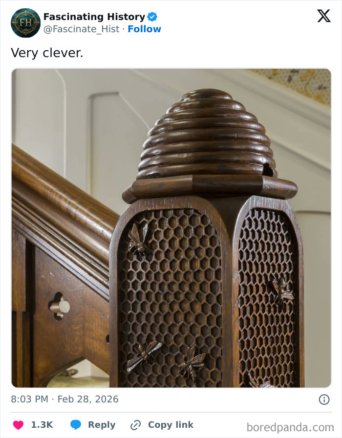 Intricately carved wooden beehive with bees, showcasing interesting historical treasures revealing advanced past craftsmanship.