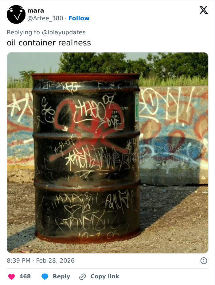 Graffiti-covered oil container barrel standing outdoors near a colorful wall with trees in the background. Graffiti-covered oil container barrel standing outdoors near a colorful wall with trees in the background.