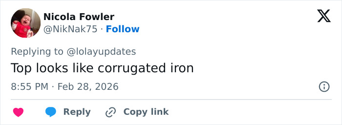 Tweet screenshot showing a user humorously comparing Lola Young's Brit Awards outfit to an oil container on the red carpet. Tweet screenshot showing a user humorously comparing Lola Young's Brit Awards outfit to an oil container on the red carpet.