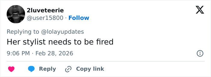 Twitter comment criticizing Lola Young's oil container inspired outfit at the Brit Awards 2026 red carpet event. Twitter comment criticizing Lola Young's oil container inspired outfit at the Brit Awards 2026 red carpet event.