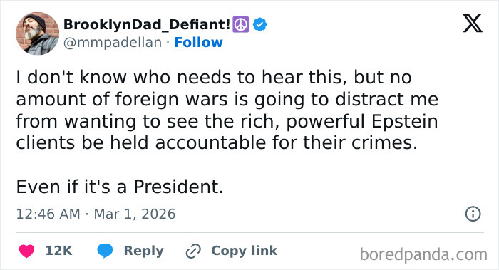 Social media post about politics demanding accountability for powerful Epstein clients, regardless of status, with high engagement.