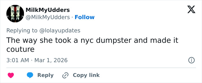 Tweet text on white background, fans roasting Lola Young's outfit using oil container and dumpster comparisons at the Brit Awards 2026. Tweet text on white background, fans roasting Lola Young's outfit using oil container and dumpster comparisons at the Brit Awards 2026.